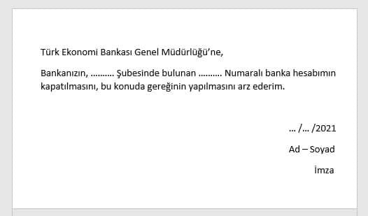 teb hesap kapatma dilekçesi